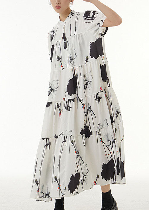 peopleterritory Vintage White Stand Collar Wrinkled Print Chiffon Dresses Summer LY1214