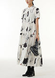 peopleterritory Vintage White Stand Collar Wrinkled Print Chiffon Dresses Summer LY1214