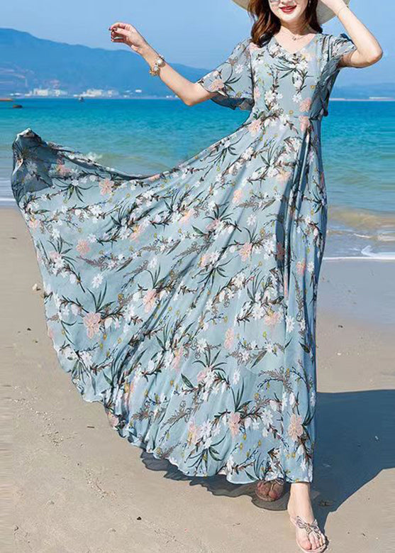 peopleterritory Vogue Blue V Neck Print Chiffon Maxi Beach Dresses Summer LY1727