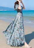 peopleterritory Vogue Blue V Neck Print Chiffon Maxi Beach Dresses Summer LY1727