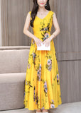 peopleterritory Vogue Yellow V Neck Print Chiffon Long Dresses Summer LY1715