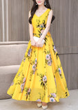 peopleterritory Vogue Yellow V Neck Print Chiffon Long Dresses Summer LY1715