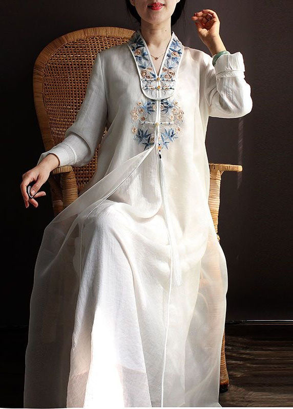 peopleterritory White Patchwork Silk Dress Tasseled Embroideried Spring LY1667