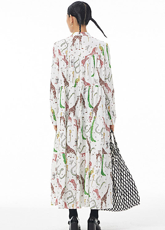 peopleterritory White Print Patchwork Cotton Shirts Dress Stand Collar Wrinkled Spring LY1165