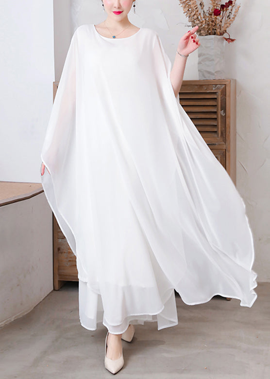 peopleterritory White Solid Chiffon Long Holiday Dresses Long Sleeve LY1779