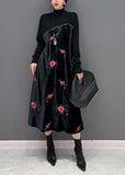 peopleterritory Women Black High Neck Embroideried Knit Patchwork Silk Velour Dress Spring LY1659