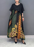 peopleterritory Women Black Print Patchwork Ruffled Silk Dress Summer LY1600