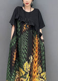 peopleterritory Women Black Print Patchwork Ruffled Silk Dress Summer LY1600