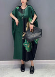 peopleterritory Women Blackish Green Oversized Patchwork Print Silk Dress Batwing Sleeve LY1571
