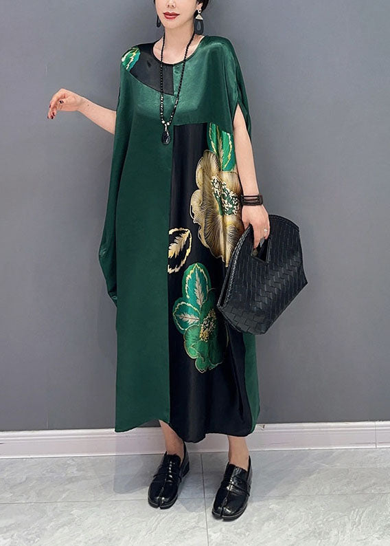 peopleterritory Women Blackish Green Oversized Patchwork Print Silk Dress Batwing Sleeve LY1571