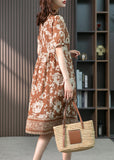 peopleterritory Women Coffee O-Neck Print Patchwork Silk Long Dress Summer LY1747