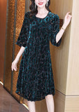 peopleterritory Women Green O-Neck Oversized Print Silk Velour Party Dress Half Sleeve TG1059