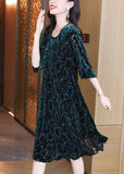 peopleterritory Women Green O-Neck Oversized Print Silk Velour Party Dress Half Sleeve TG1059