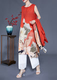 peopleterritory Women Orange Stand Collar Print Side Open Silk Women Sets 2 Pieces Half Sleeve LY0930
