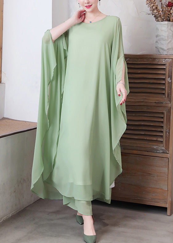 peopleterritory Women Pea Green Asymmetrical Solid Chiffon Long Dress And Wide Leg Pants Two Pieces Set Spring LY1736
