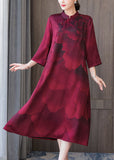 peopleterritory Women Red Stand Collar Print Silk Robe Dresses Bracelet Sleeve LY1706