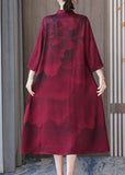 peopleterritory Women Red Stand Collar Print Silk Robe Dresses Bracelet Sleeve LY1706