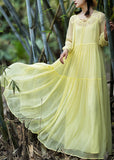 peopleterritory Women Yellow V Neck Patchwork Chiffon Vacation Long Dresses Spring LY1787