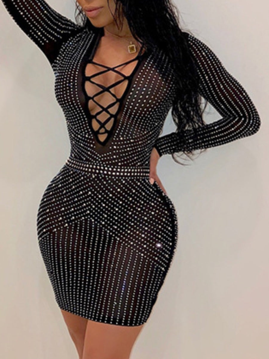 furdelashop SXY See Through Rhinestone Bodycon Dress BO50120