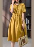 peopleterritory Yellow Drawstring Slim Linen Long Dress Short Sleeve LY1752