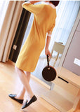 peopleterritory Yellow Slim Fit Knit Mid Dress Turn-down Collar Half Sleeve LY1444