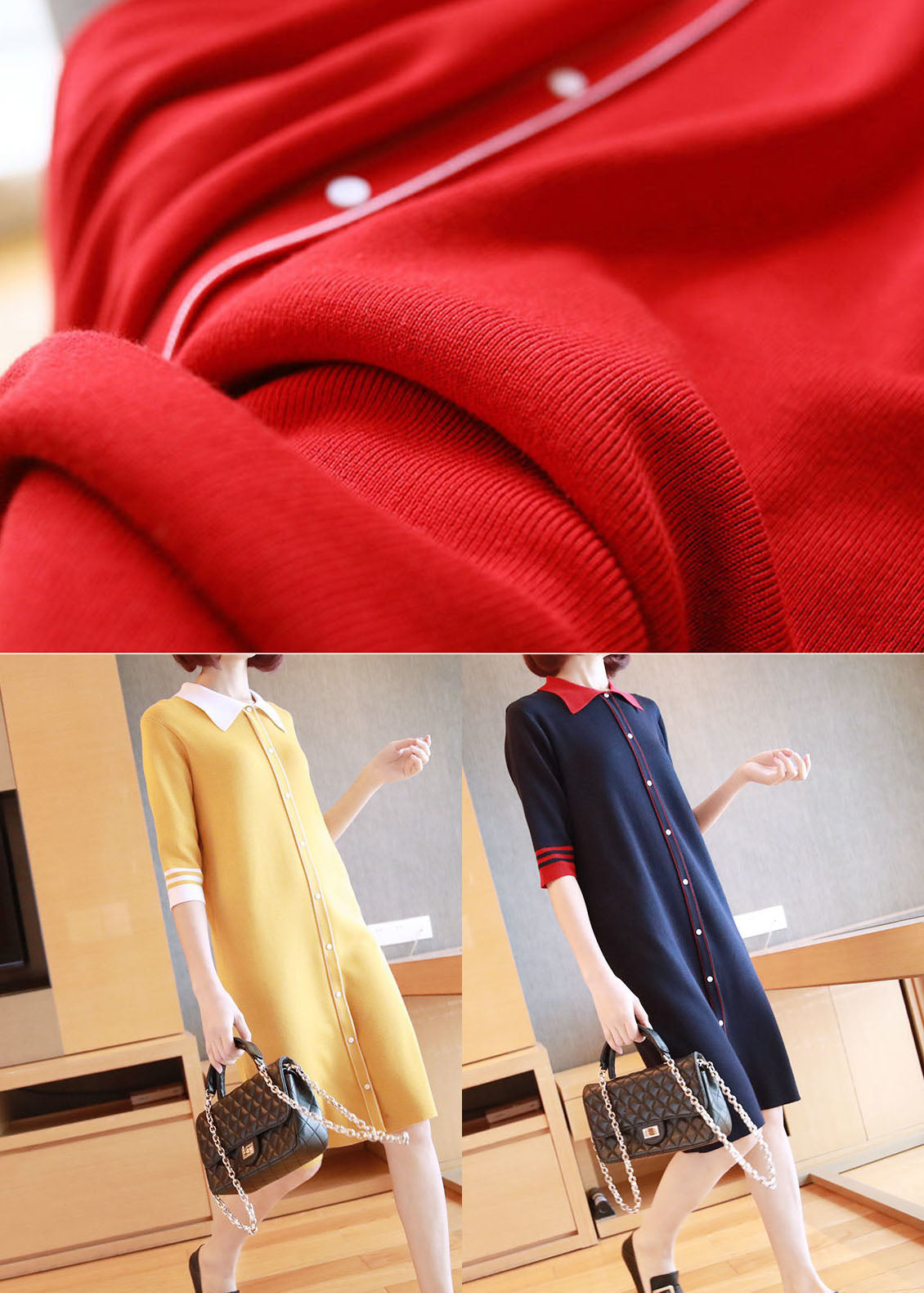 peopleterritory Yellow Slim Fit Knit Mid Dress Turn-down Collar Half Sleeve LY1444