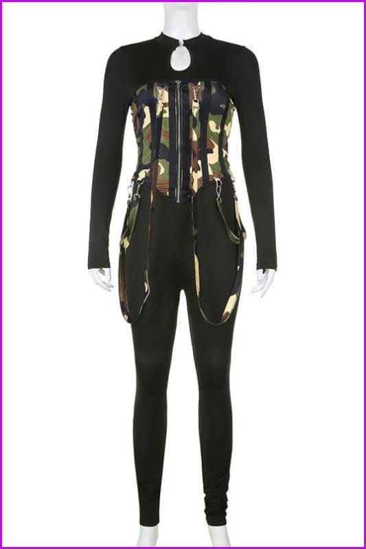 furdelashop Black Long Sleeve Bodycon Jumpsuit With Camouflage Corset F1561