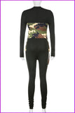 furdelashop Black Long Sleeve Bodycon Jumpsuit With Camouflage Corset F1561