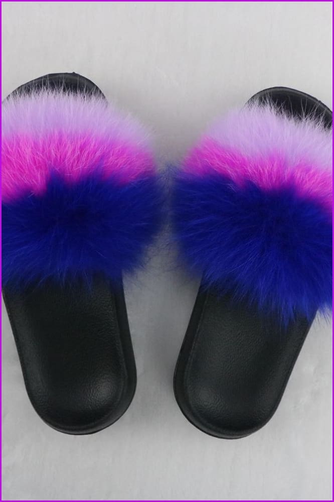 peopleterritory Blue Hot Pink Purple Mixed Fur Slides F726-03