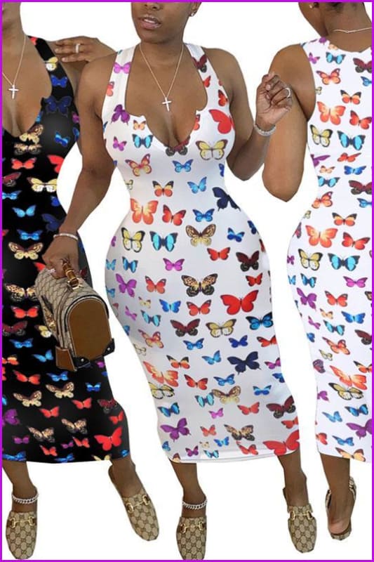 furdelashop Butterfly Print Sleeveless V-neck Bodycon Party Dress F1191