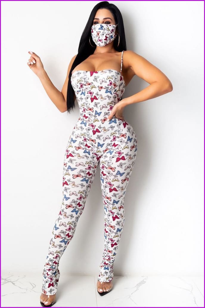furdelashop Butterfly Print Spaghetti Strap Bodycon Jumpsuit Without Mask DB472