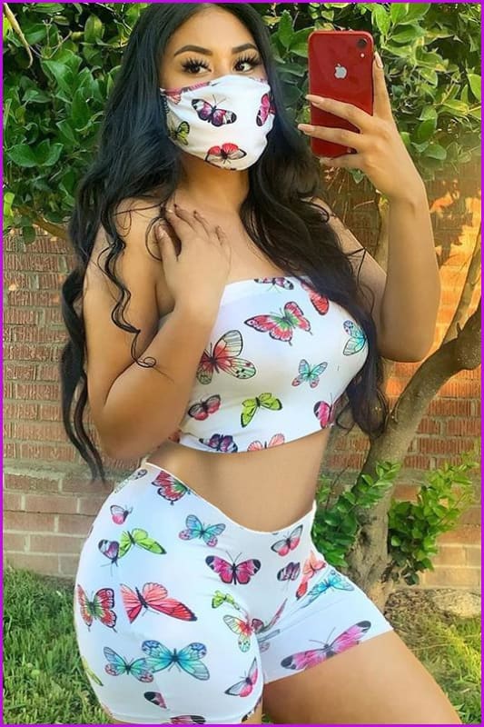 peopleterritory Butterfly Print Strapless Crop Top And Shorts Set DB1274