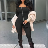 peopleterritory Squared Neck Workout Jumpsuit, Sexy Solid Long Sleeve Bodycon Long Length Jumpsuit, Women's Clothing AZ1003
