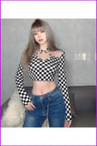 peopleterritory Designer Contrast Color Plaid Halter Long Sleeve Cropped Top FW5381