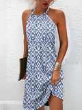 peopleterritory Women&#x27;s Sheath Dress Short Mini Dress Blue Sleeveless Print Print Vacation Geometric Halter Summer Strapless Casual Dress EE27