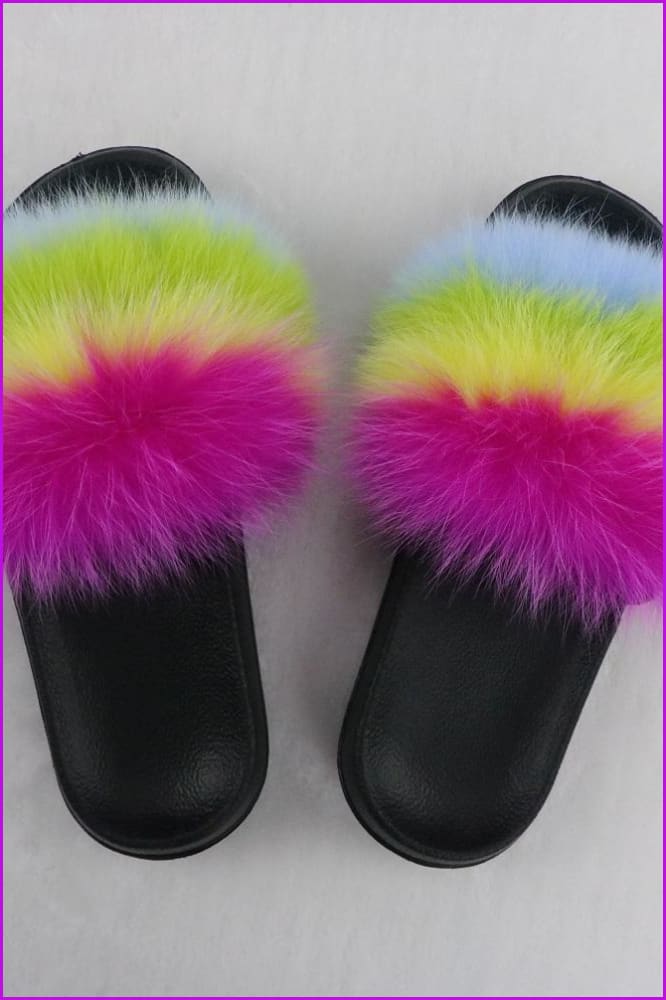 peopleterritory Hot Pink Yellow Green Blue Mixed Fur Slides F726-06