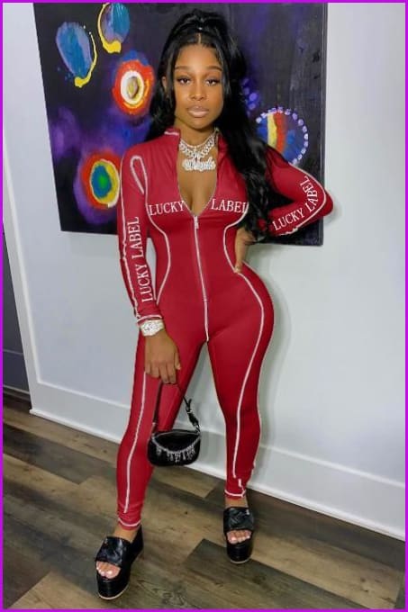 peopleterritory Letter Printed Zipper Up Long Sleeve Jumpsuits F1797
