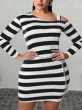 furdelashop Plus Size Inclined Neck Striped Bodycon Dress BO5029