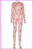 furdelashop Rose Print Long Sleeve Bodycon Jumpsuit With Gloves F1623