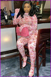 furdelashop Rose Print Long Sleeve Bodycon Jumpsuit With Gloves F1623