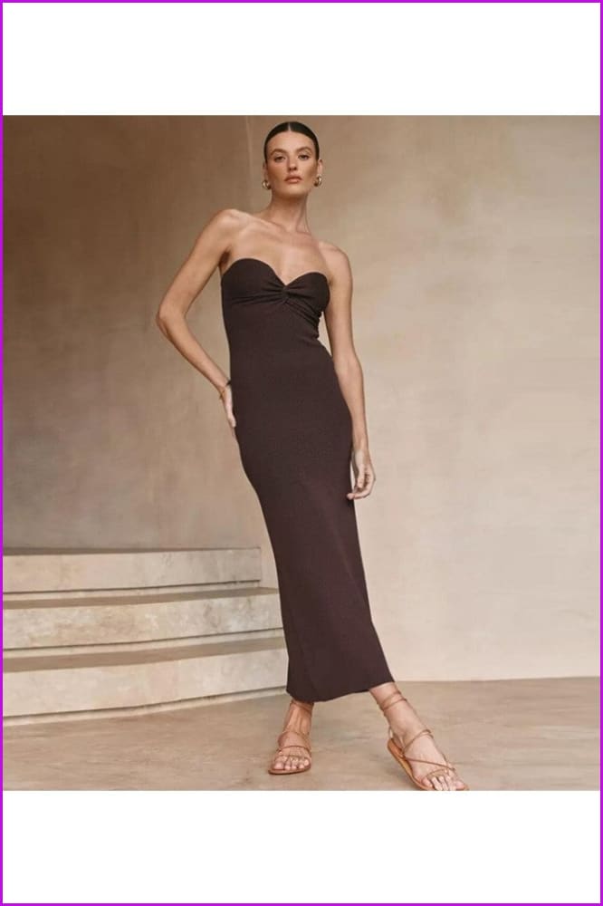 peopleterritory Slit Strapless Solid Maxi Dresses For Women FC593