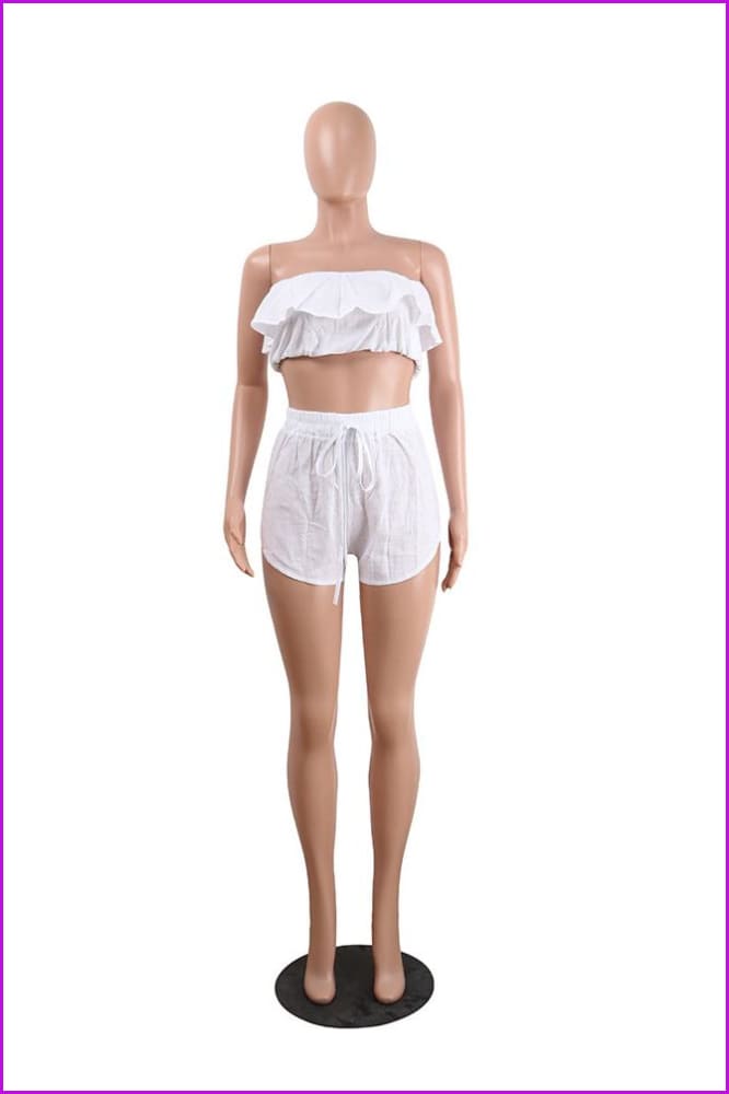 peopleterritory Solid Ruffled Edge Strapless Shorts Two Piece Sets DB854