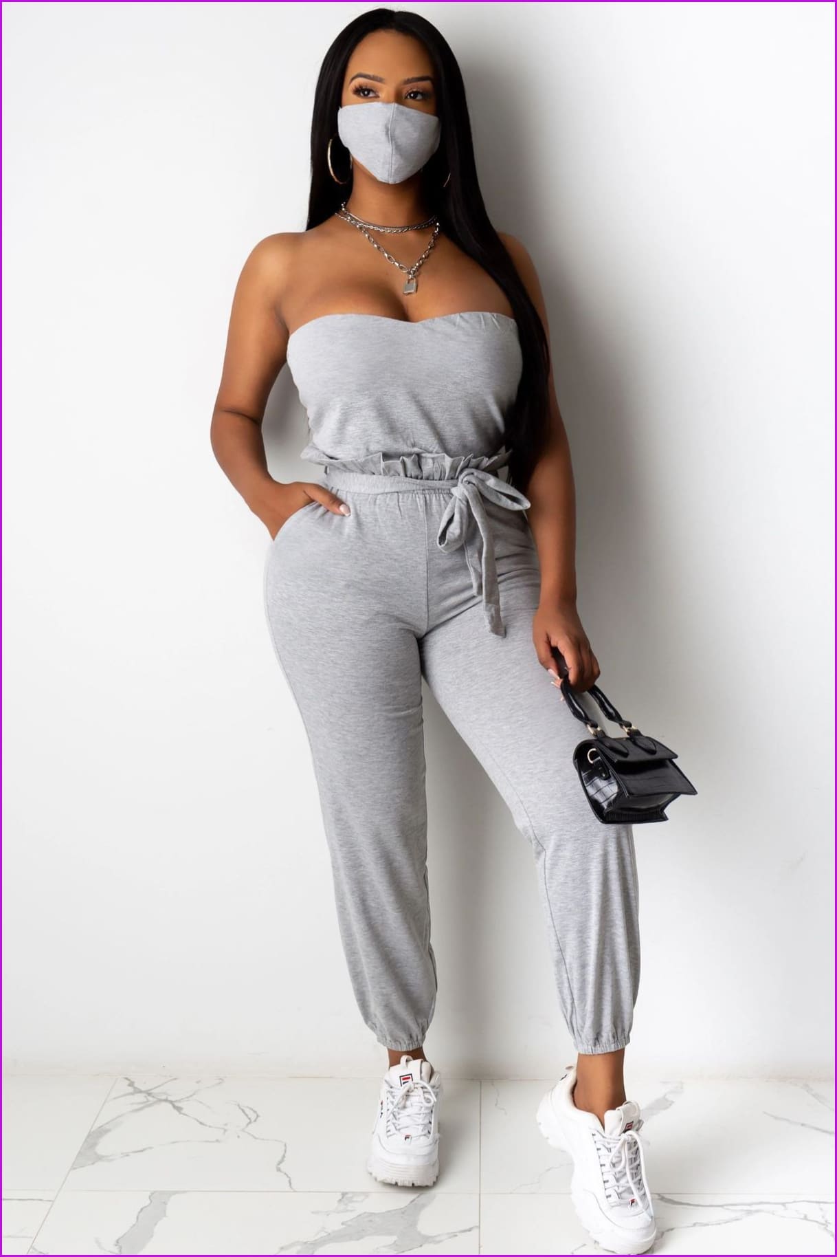 peopleterritory Strapless Cami Top With High Waist Jogger Pants Without Mask F959