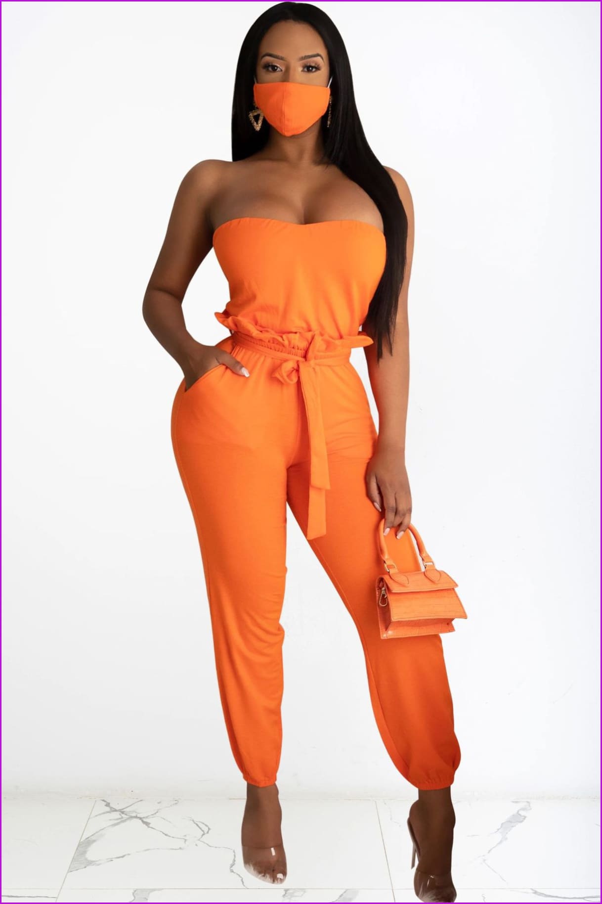 peopleterritory Strapless Cami Top With High Waist Jogger Pants Without Mask F959