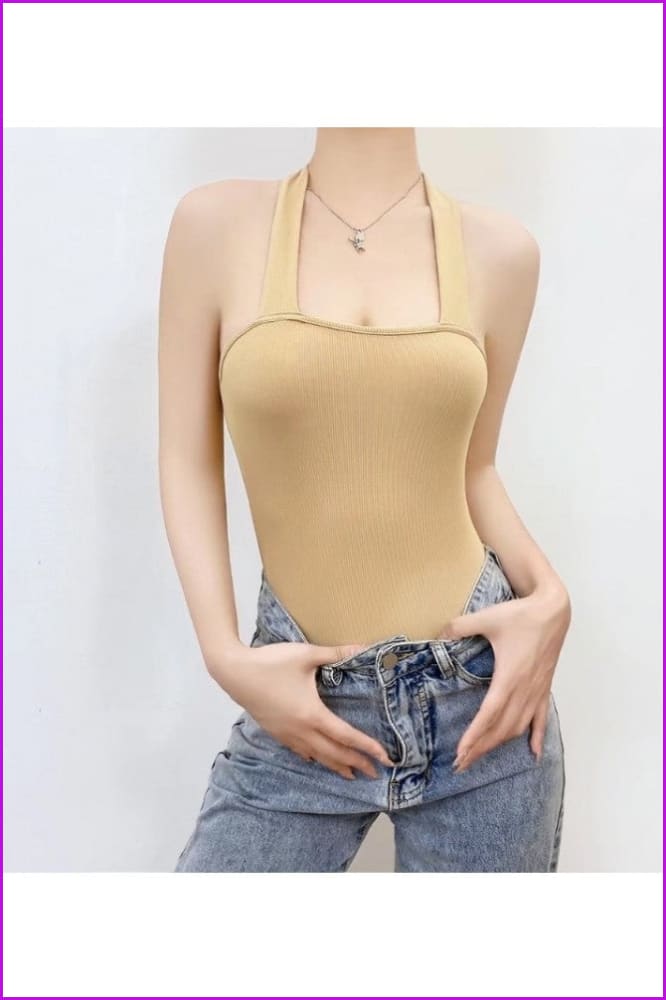 peopleterritory Summer Backless Halter Pure Color Bodysuit FW10465