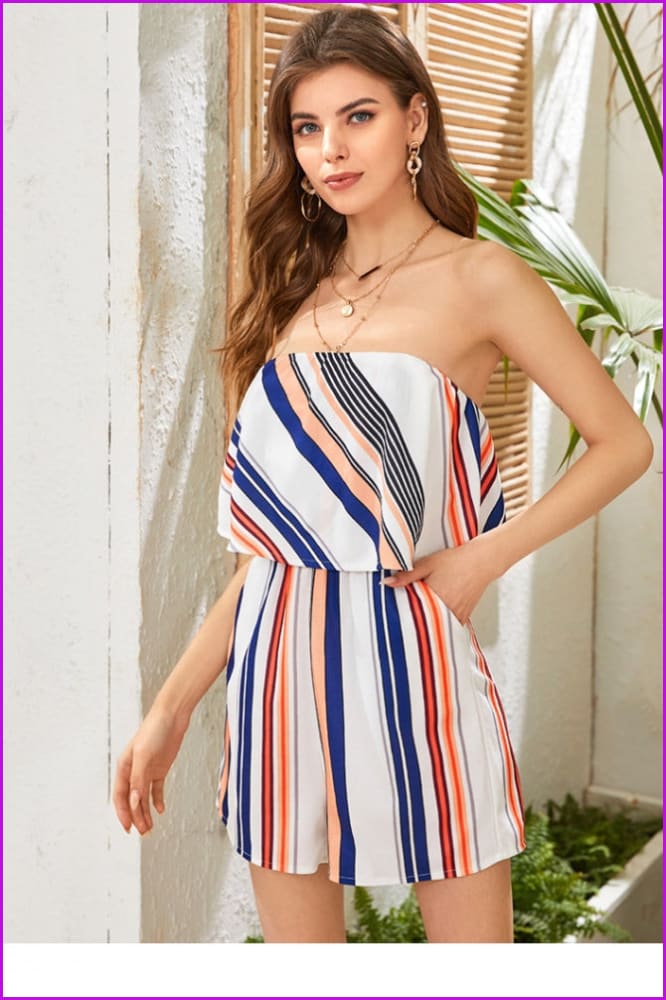 peopleterritory Summer Casual Striped Strapless Short Rompers For Women FW3617