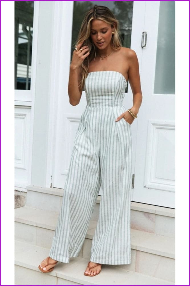 peopleterritory Summer Striped Tie Wrap Strapless Straight Leg Jumpsuits FC163