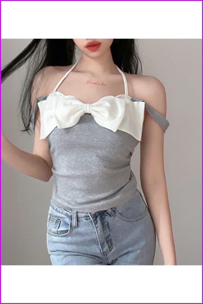peopleterritory Trendy Bow Patchwork Halter Tank Tops For Women FW10171