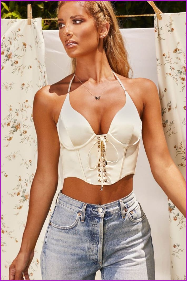 peopleterritory Vintage Lace-up Design Halter Cropped Cami DB2175