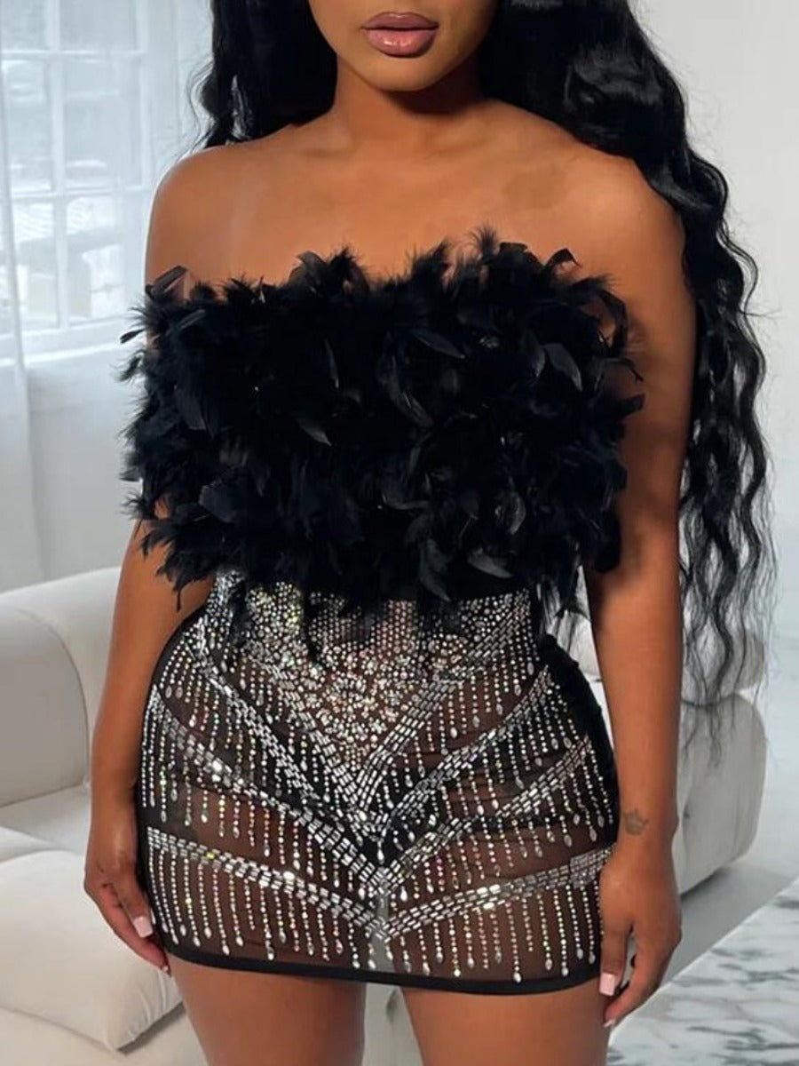 peopleterritory Off The Shoulder Feather Decor Rhinestone See Through Dress AT9023